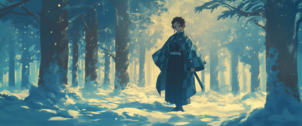 kny-tanjiro-standing-snowy-forest-ultrawide-wallpaper-4k